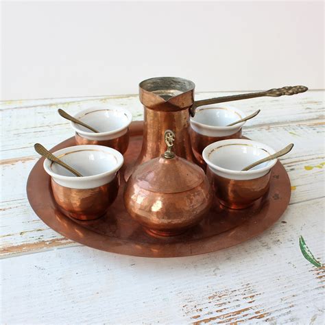Vintage Copper Turkish Tea Set For Four Islamic Art Coffee Etsy
