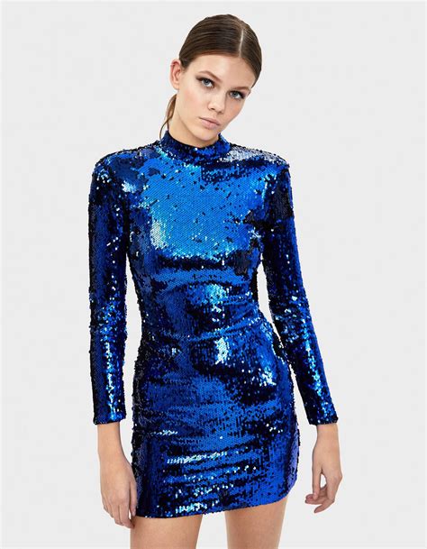 Sequin Dress Short Metallic Mini Dresses Metallic Skirt Vestidos Color Azul Bershka