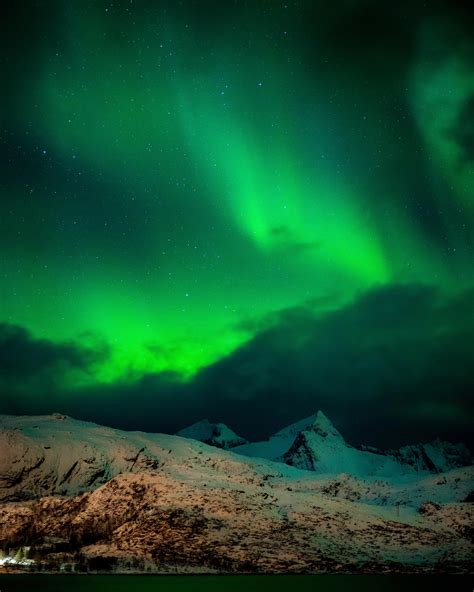 Aurora Borealis Above Snow Covered Lofoten Peaks Lofoten Islands