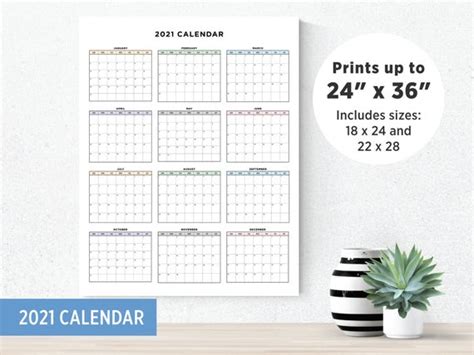 Printable 2021 Calendar Large Calendar At A Glance Etsy