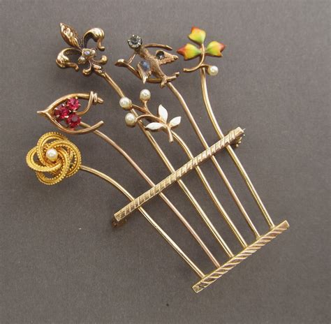 Antique14k Gold Stick Pin Brooch Victorian Enamel Seed Pearls