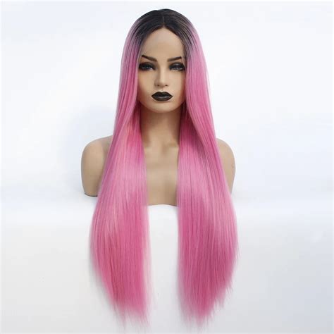 Vnice Ombre Pink Synthetic Wig Front Lace Long Silky Straight Glueless