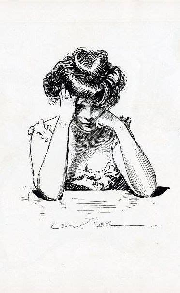 A Drawing Of A Woman Sitting At A Table With Her Hand On Her Head And