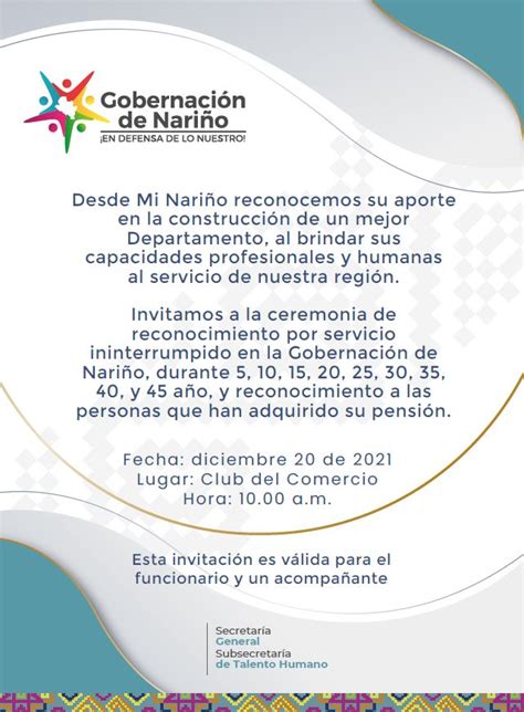 InvitaciÓn Ceremonia De Reconocimiento Por Servicio GobernaciÓn De NariÑo