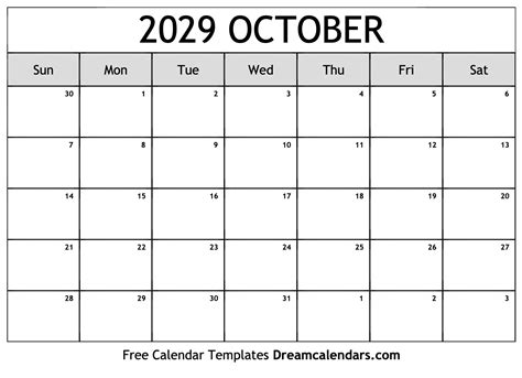 October 2029 Calendar Free Blank Printable With Holidays