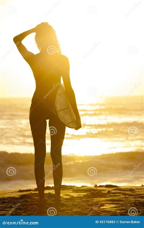 Woman Bikini Surfer And Surfboard Sunset Beach Stock Image Image Of