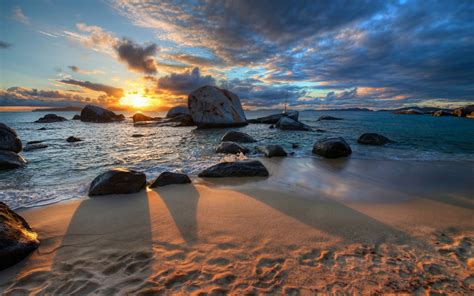 Nature Sunset Sea Clouds Beach Stones Shadow Hdr Wallpapers Hd