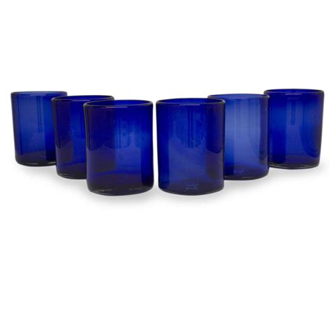 Blue Recycled Large Glass Tumblers Set Of 6 Cobalt Charm Novica