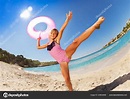 Portrait Little Girl Wearing Bikini Dancing Pink Rubber Ring Sandy ...