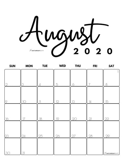 Cute And Free Printable August 2020 Calendar Saturdayt
