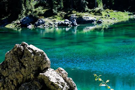 Hd Wallpaper Green River Rock Water Karersee Italy Nature Ocean