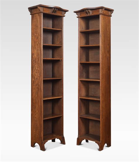 Pair Of Arts And Crafts Oak Narrow Open Bookcases 714247