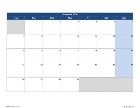 Download 2020 Monthly Calendar Mon Start Excel Template Exceldatapro