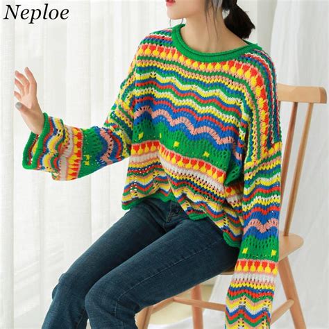 Neploe Sweater Women Pullovers And Sweaters New Contrast Color Knitted