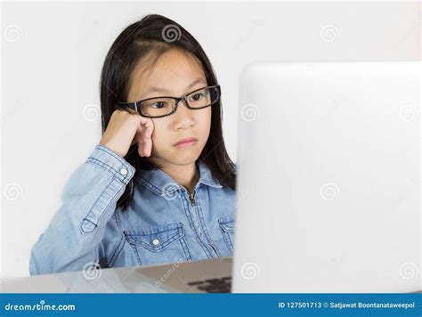 Asian Girl Is Using A Laptop On White Background Stock Image Image Of