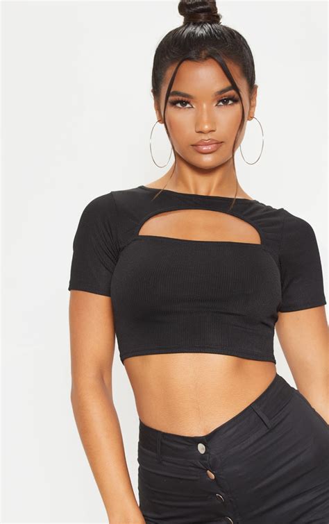 Black Cut Out Detail Ribbed Crop Top Tops Prettylittlething