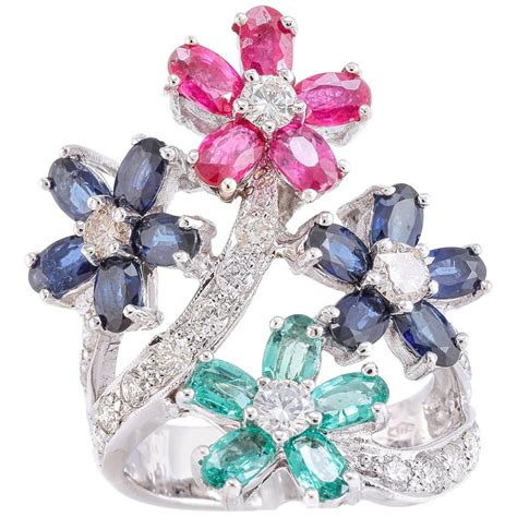 Diamonds Rubies Sapphires Emeralds White Gold Ring For Sale At 1stdibs