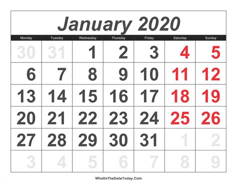 2020 Calendar January With Large Numbers Whatisthedatetodaycom