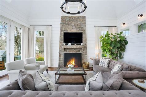 White Transitional Living Room With Stone Fireplace Hgtv