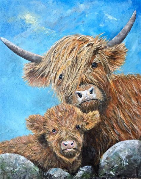 An Original Acrylic Painting Of Highland Cows Size 50cm X Etsy
