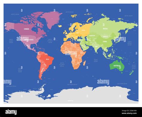 Colorful Political Map Of World Divided Into Six Continents On Dark