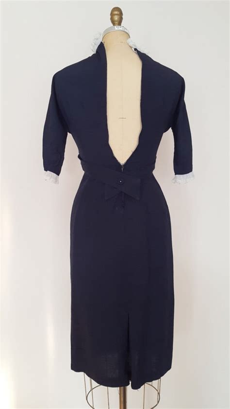 vintage 1960s dress navy blue wiggle dress high neck xs etsy