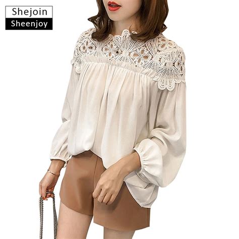shejoinsheenjoy womens tops and blouses elegant hollow out crochet lace patchwork chiffon blouse