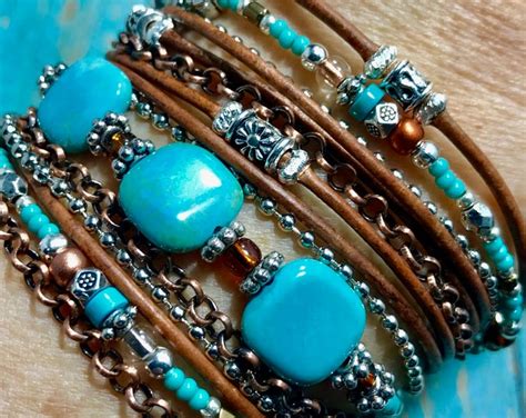 Turquoise Leather Wrap Bracelet Boho Style Mermaid Blue Etsy