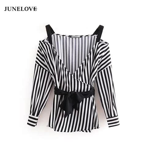 Junelove 2018 Summer Striped Women Blouse Sashes Wrapped Casual Ladies Shirt Long Sleeves Female