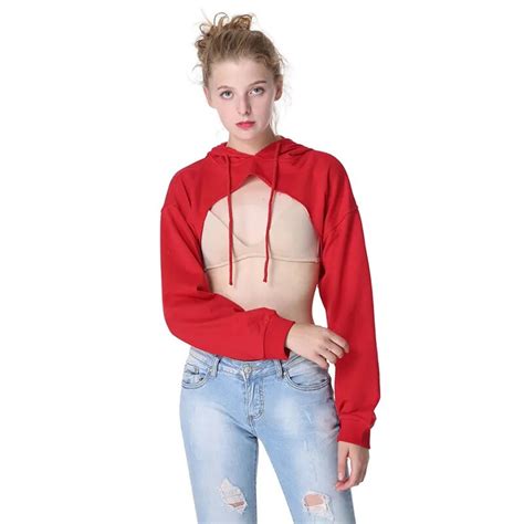 Sexy Women Hoodies Long Sleeve Crop Top Sweatshirt Cutout Crop Hoodies