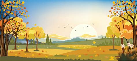 Panorama Landscapes Of Autumn Farm Field With Maple Leaves Falling From
