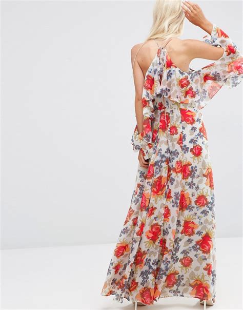 Asos Asos Beautiful Floral Ruffle Front Cold Shoulder Maxi Dress At Asos