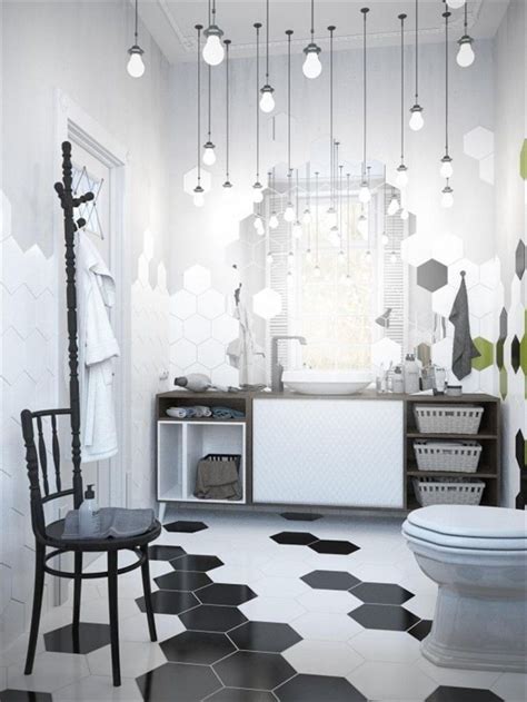 Whimsical Bathroom With Attractive Tiled Floor Scandinavian Bathroom