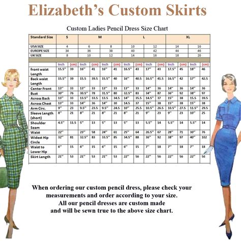 Ladies Pencil Dresspencil Skirt Standard Size Chart Us Europe Uk