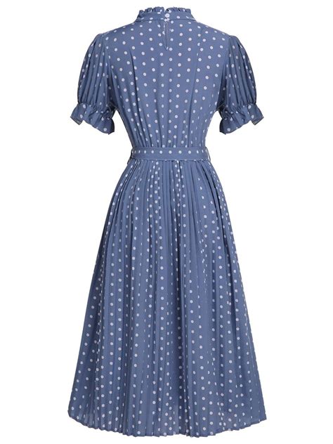 Blue 1930s Polka Dots Bow Tie Pleated Dress Retro Stage