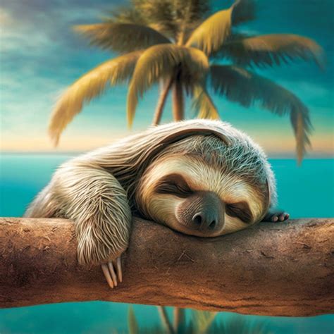Happy And Tired Sloth Sleeps On A Palm Tree In Summer Ai Generated