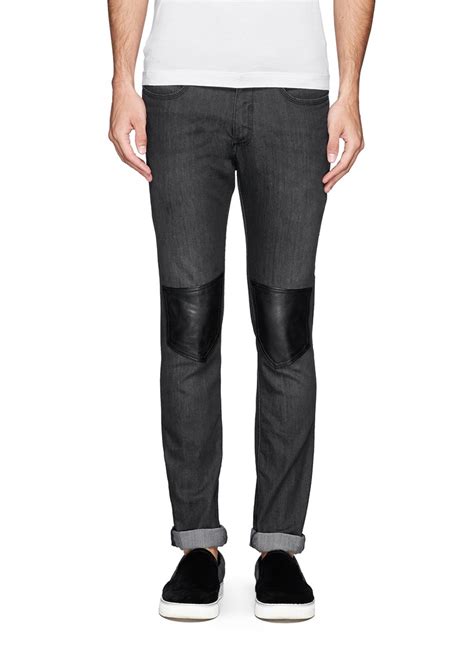 Neil Barrett Faux Leather Knee Patch Skinny Jeans In Gray For Men Lyst