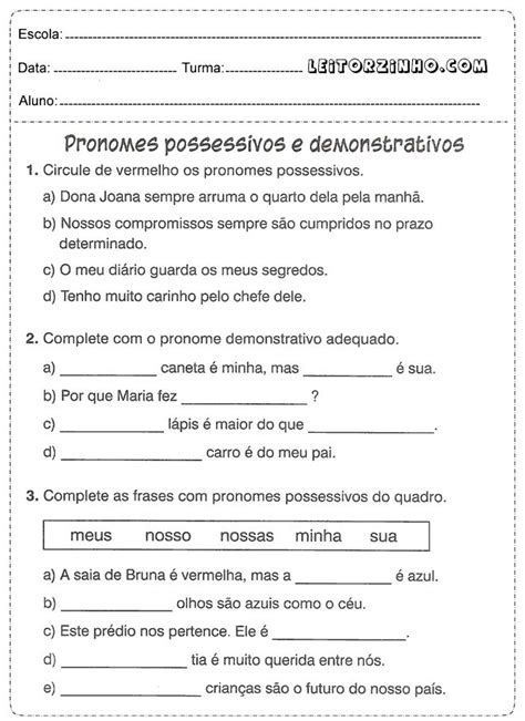 Pronomes Possessivos E Demonstrativos Atividades Pronomes Pronomes
