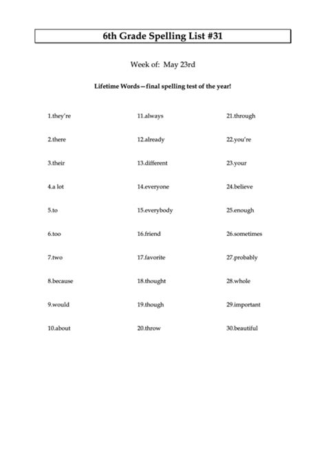 Top 6th Grade Spelling List Free To Download In Pdf Format