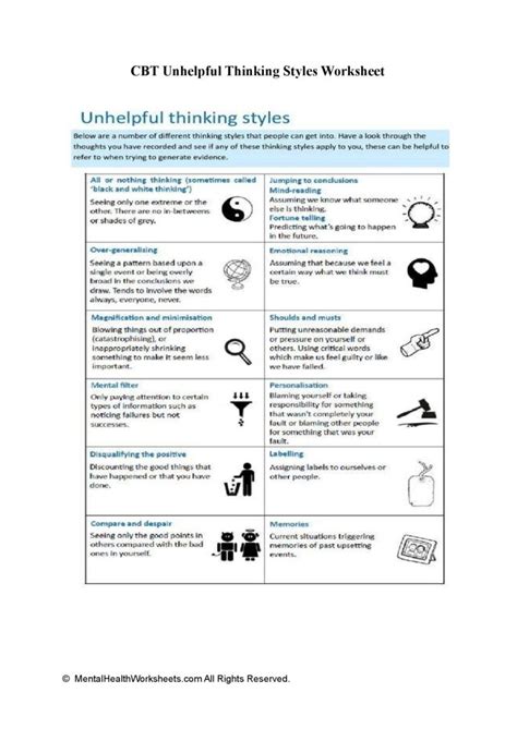 Cbt Unhelpful Thinking Styles Mental Health Worksheets Printable