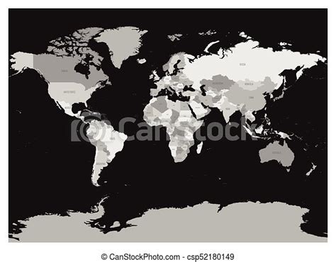 World Map In Four Shades Of Grey On Dark Background High Detail Blank