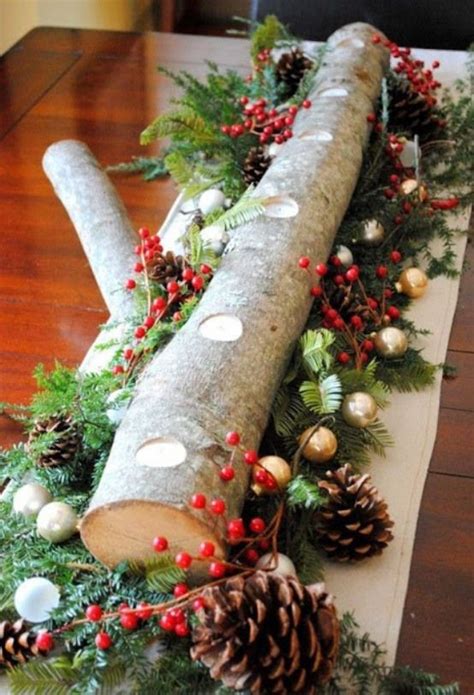 A Log Is Decorated With Pine Cones And Berries