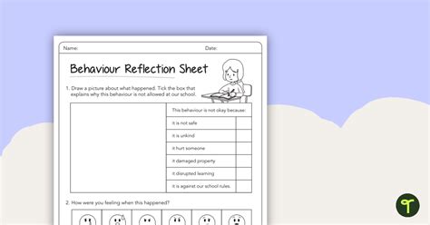 Behaviour Reflection Sheet Lower Primary Teach Starter