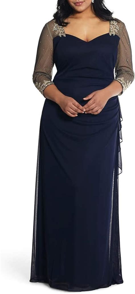 xscape womens navy embellished ruched ruffled 3 4 sleeve v neck full length sheath evening dress