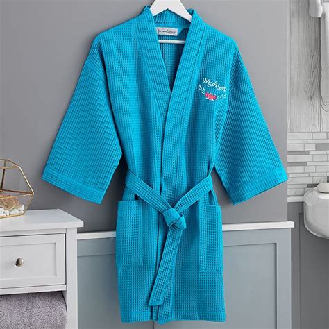 Floral Embroidered Aqua Waffle Weave Kimono Robe For Her