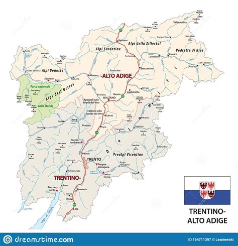 Road Map Of The Italian Region Trentino Alto Adige With Flag Stock