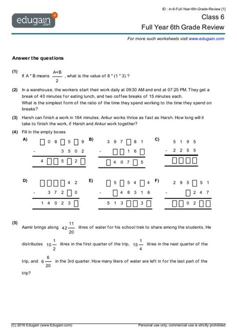 Class 6 Full Year 6th Grade Review Worksheets 6th Grade Worksheets