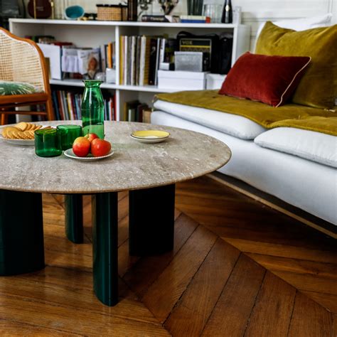 Perfect to put in an elegant living room. Carlotta Coffee Table, Travertine Top and Green Legs