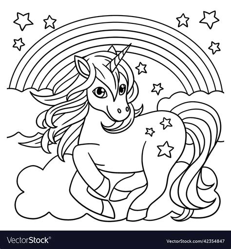 Unicorn standing under the rainbow coloring page Vector Image
