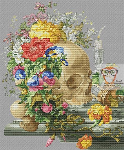 Counted cross stitch chart (floss and fabric not included 321 x 388. Gothic Cross Stitch Skull & Flowers watercolor embroidery ...